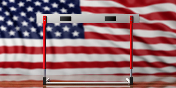 障碍上的美国国旗背景，俯视图，3d插图。图片下载