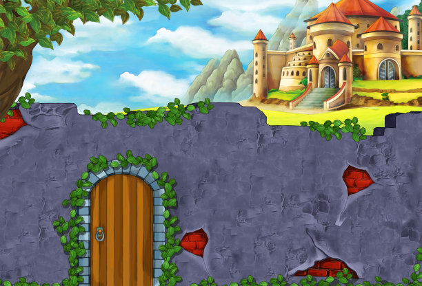 卡通场景，远处有城墙保护的城堡图片下载
