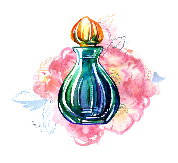 绿色女子香水瓶，玫瑰背景。手绘程式化水彩插图图片下载