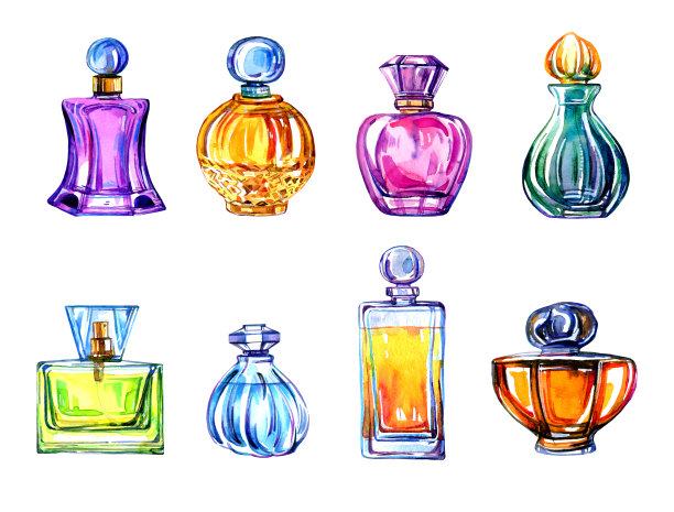 手绘程式化水彩画一套不同的女性香水瓶孤立图片下载