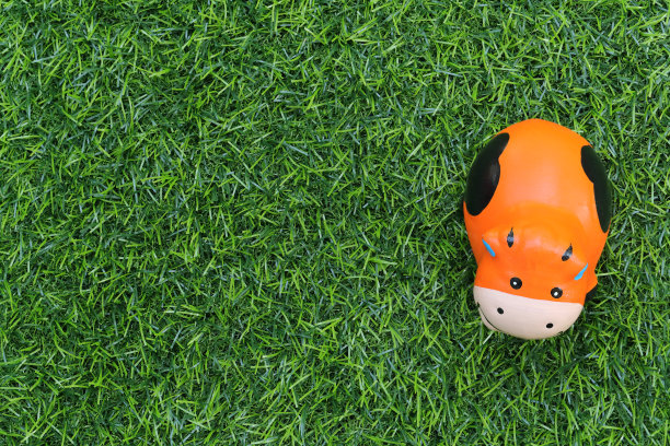 可爱的玩具牛在草地上，使用作为背景图片下载