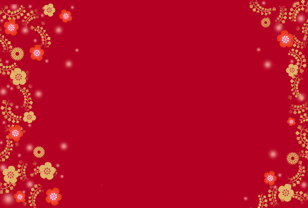 新年的形象日本图案李子、树叶和红色的背景素材图片