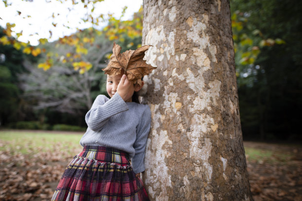 女孩玩落叶图片下载