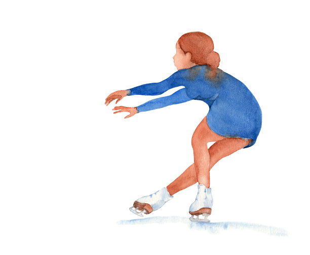 在白色背景上坐在旋转位置的蓝色裙子的花样滑冰运动员。图片下载