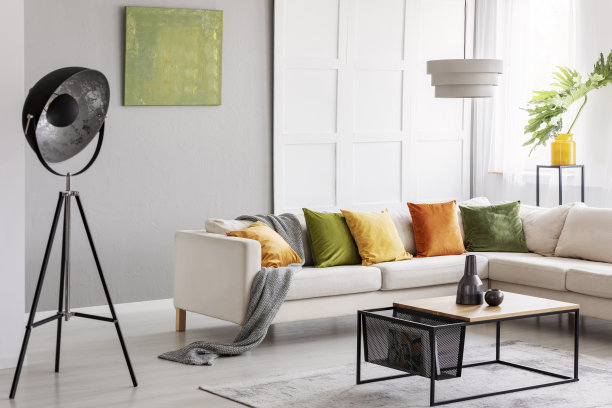 在明亮的客厅里，现代的咖啡桌上摆着两个陶瓷花瓶，角落里摆着优雅的沙发、工业灯具和金色的石灰图片下载