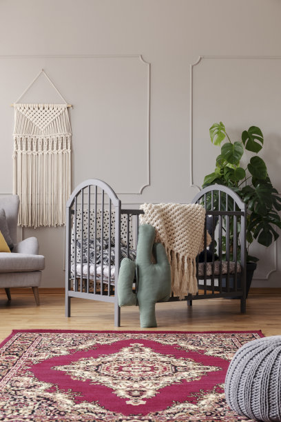 图案地毯前面的灰色摇篮和仙人掌枕头在婴儿卧室内部。真实的照片图片下载