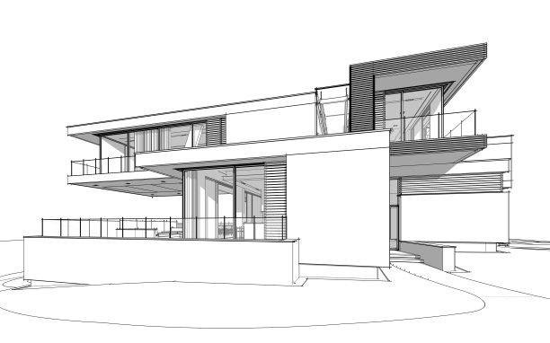 现代舒适屋的三维效果图黑色线条草图。图片下载