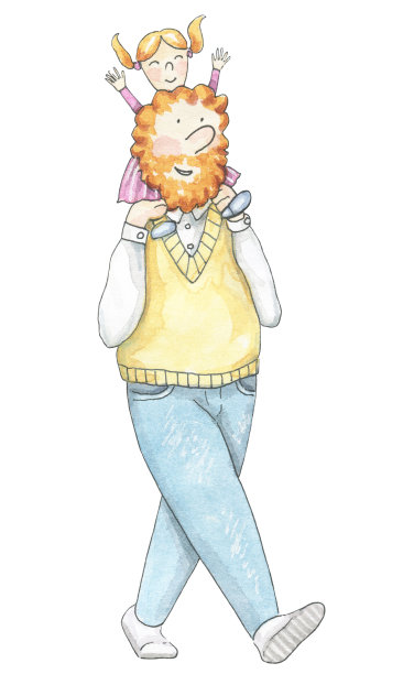 肩上扛着小女儿的水彩画画家素材图片