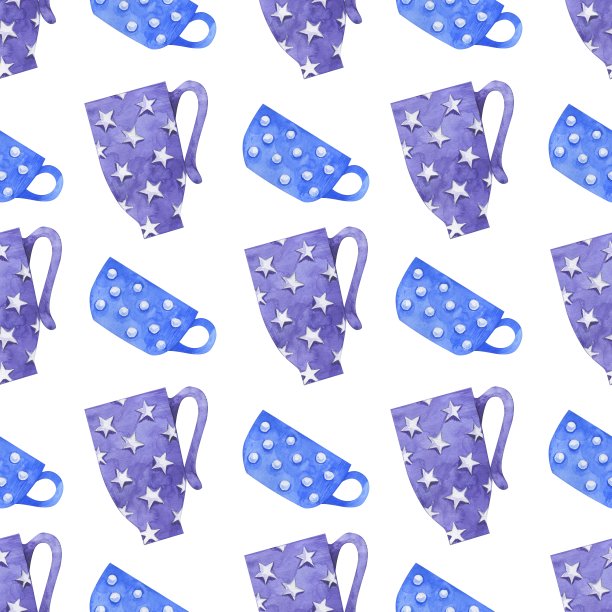 浪漫的无缝图案与可爱的杯子，杯子，心形，星星，按钮和更多。图片下载