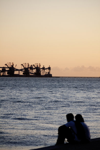 一对在码头上看机械结构的夫妇图片下载