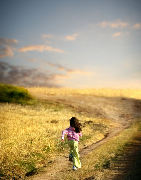 小女孩在夕阳下的黄色田野上奔跑图片下载