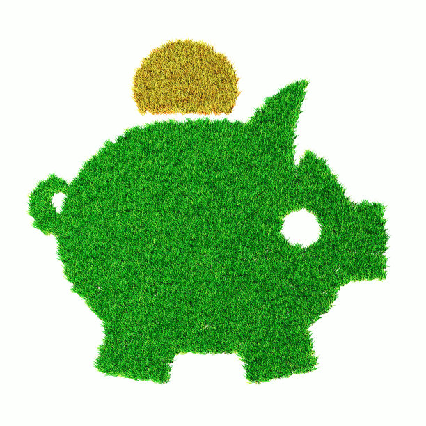 小猪储蓄罐标志由人工草制成，上孤立白色图片下载