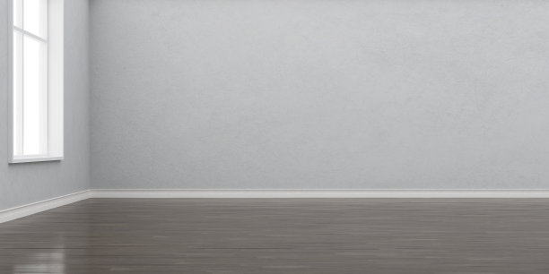 白色的空房间内部和强化木地板的形象，阳光投射在墙上的阴影，极简设计建筑的视角。三维渲染图片下载