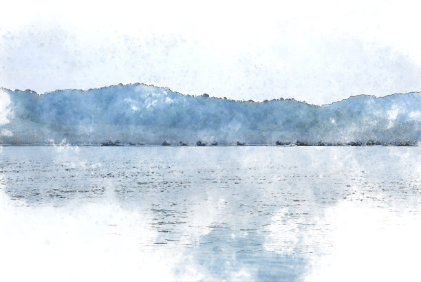 抽象的山峰和河流上的水彩画背景，数字插画笔刷艺术。图片下载