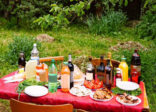 餐桌上有烤肉串、蔬菜和酒精饮料图片下载