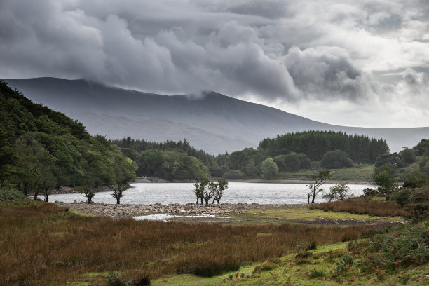 9月一个下雨的下午，从斯诺登尼亚悬崖步道俯瞰Barmouth和Coed-y-Brenin森林的风景图片图片下载