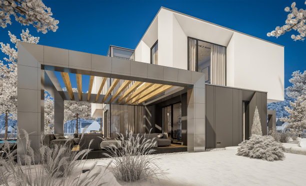 现代舒适的房子冬天的3d渲染与闪亮的白色雪图片下载