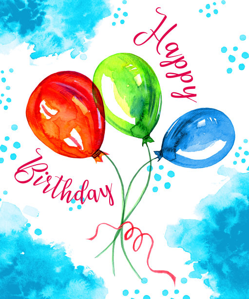 生日卡设计模板。气球和问候。手绘卡通水彩素描插图图片下载