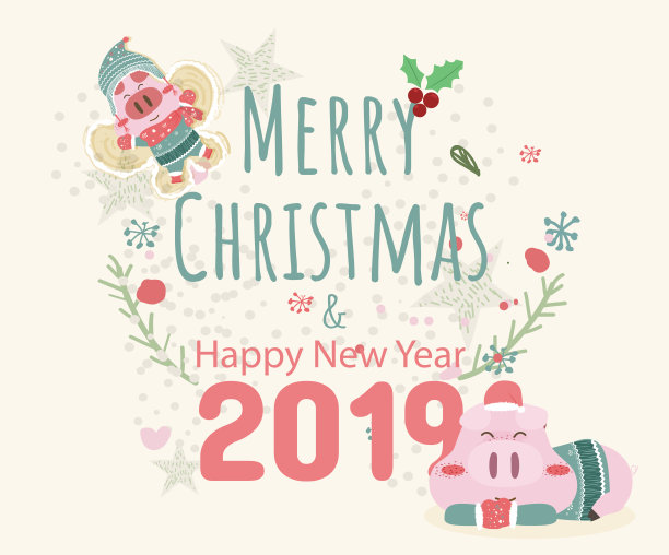 圣诞快乐温馨祝福创意手绘冬季贺卡猪享受冬天，帽子，文字快乐圣诞和新年，快乐贺卡，矢量，元素，贺卡潮人图片下载