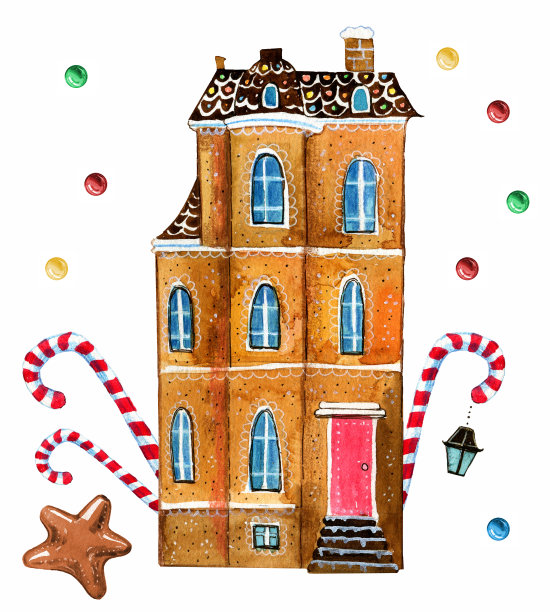 手绘的姜饼屋和糖果水彩画图片下载