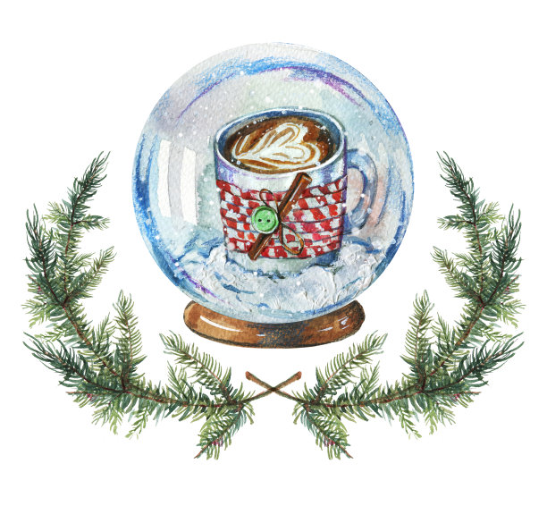 手绘水彩插图与雪花地球仪和咖啡杯图片下载