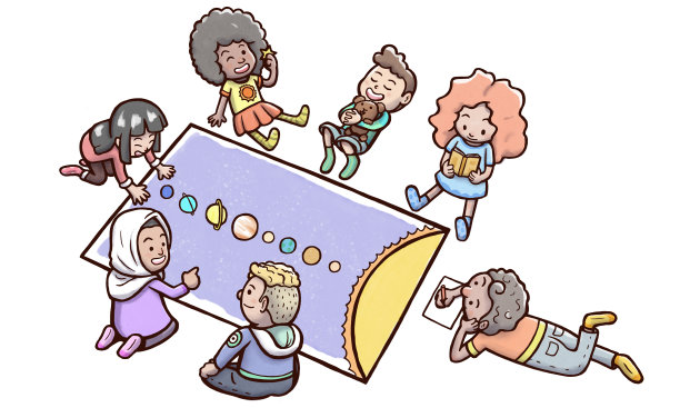 一群孩子在隔离的地板上做太阳系作业图片下载