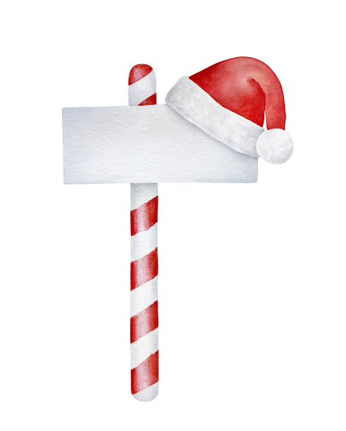 可爱的冬季主题招牌，条纹帖，白色矩形形状的留言板和蓬松的圣诞帽。任何文本和设计的空白剪贴艺术模板。图片下载