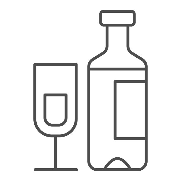 酒瓶和玻璃的细线图标。香槟瓶与玻璃矢量插图孤立在白色上。酒精轮廓风格设计，专为网页和应用设计。Eps 10。图片下载