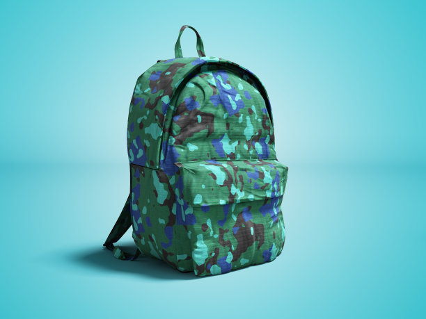 现代军事背包在学校的男孩和青少年与绿色蓝色3d渲染在蓝色背景与阴影图片下载