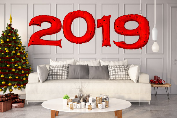 2019年客厅里的气球。新年的概念图片下载