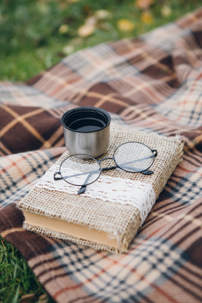 毯子上放着书、玻璃杯和热茶图片下载