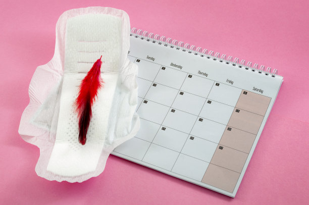 月经周期，女性护理，月经和亲密的产品概念与卫生巾和一个红色的羽毛代替真正的血液旁边的日历孤立在粉红色的背景图片下载