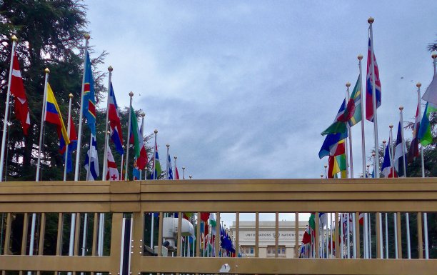 旗帜排列在瑞士日内瓦联合国大楼的主入口图片下载