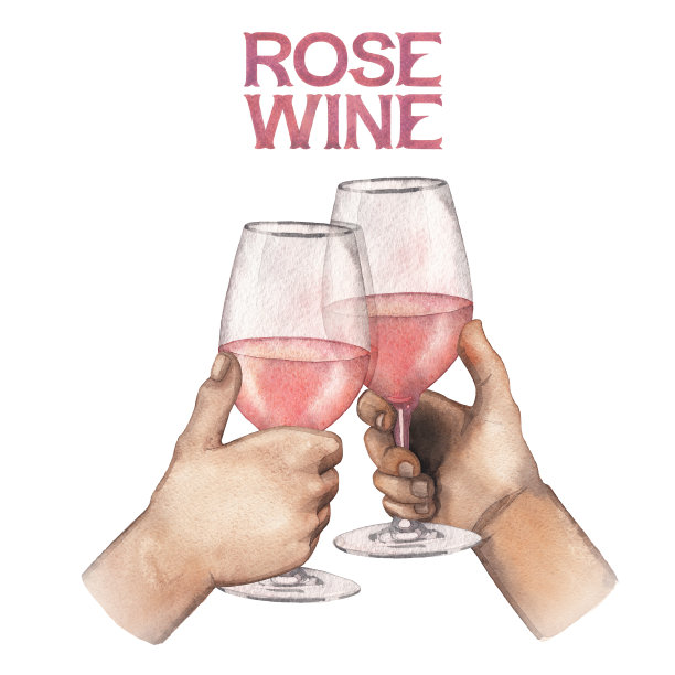 两个水彩画手拿着一杯玫瑰酒。图片下载