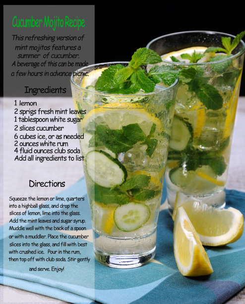 清新鸡尾酒黄瓜莫吉托柠檬片和薄荷。饮料配方、配料和烹饪说明。图片下载