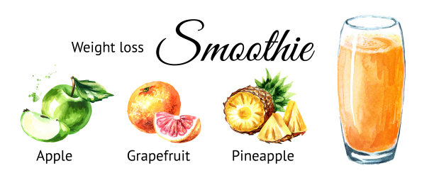 苹果、葡萄柚和菠萝的减肥奶昔。水彩手绘插图孤立的白色背景图片下载