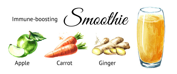 增强免疫力的冰沙，苹果，胡萝卜和姜。水彩手绘插图孤立的白色背景图片下载