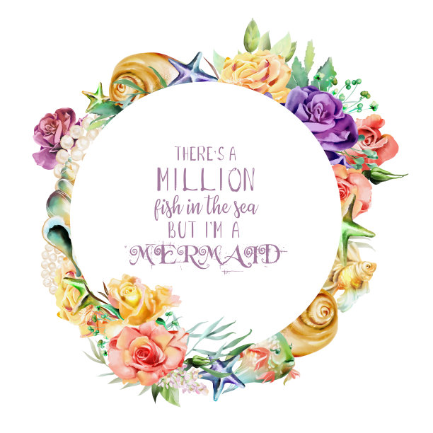 美丽的水彩幻想花框架与花贝壳，贝壳，海星和美人鱼引用图片下载