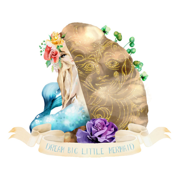 美丽的水彩画美人鱼隐藏在石头后面，用金色的点缀，丝带上有美人鱼的引述和鲜花，花束和海星图片下载