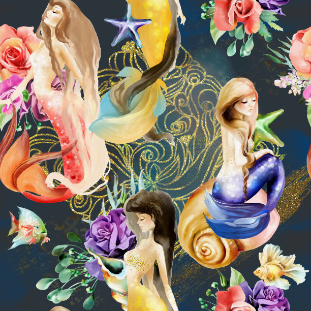 美丽的水彩美人鱼无缝图案与金色点缀，鲜花，花束，金色笔触，海星鱼和贝壳图片下载