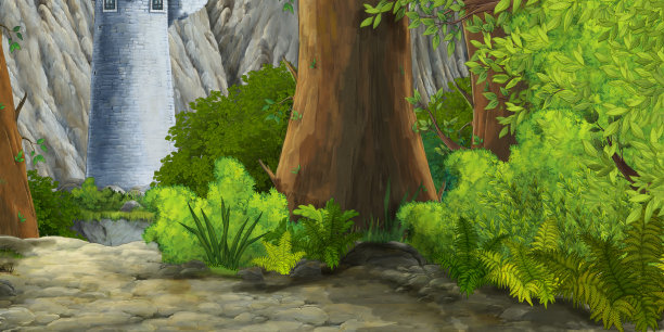 卡通夏季场景与小路在森林-没有人在现场素材图片