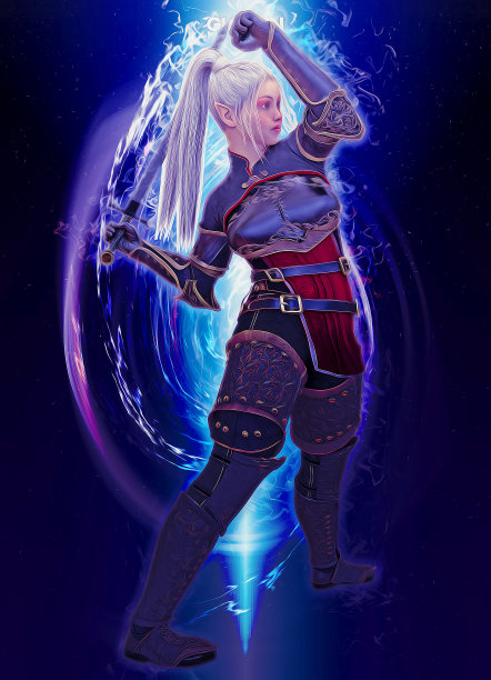 女精灵战士与剑在幻想抽象背景3D插图图片下载