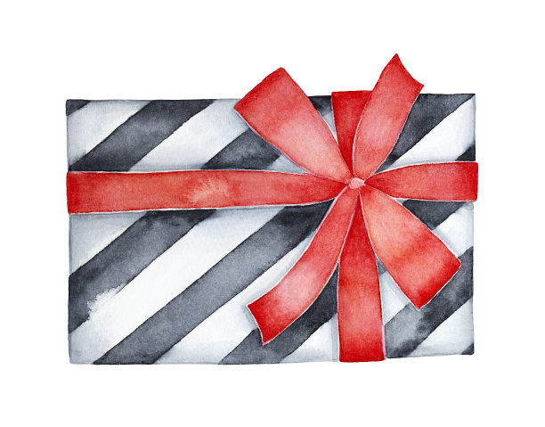 装饰黑白条纹礼盒上装饰有红色缎带蝴蝶结。一个对象，俯视图。图片下载