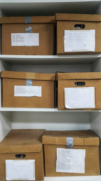 盒子棕色有白色的铭牌放置在办公室的架子上。图片下载