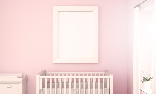 粉色婴儿房的白色框架模型图片下载