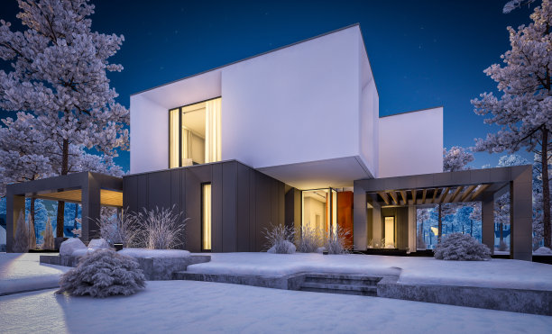 3d渲染现代舒适的房子花园凉爽的冬夜图片下载
