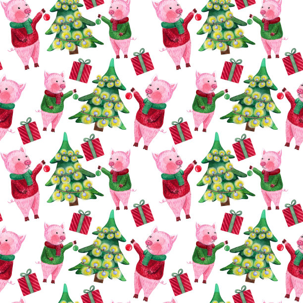无缝水彩圣诞图案与一年的象征:猪。图片下载