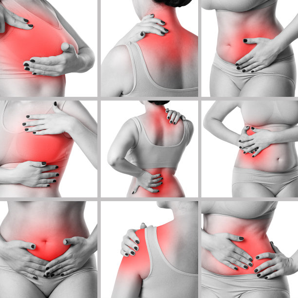 女性身体不同部位的疼痛，女性身体的慢性疾病，在白色背景上孤立地拼贴几张照片图片下载
