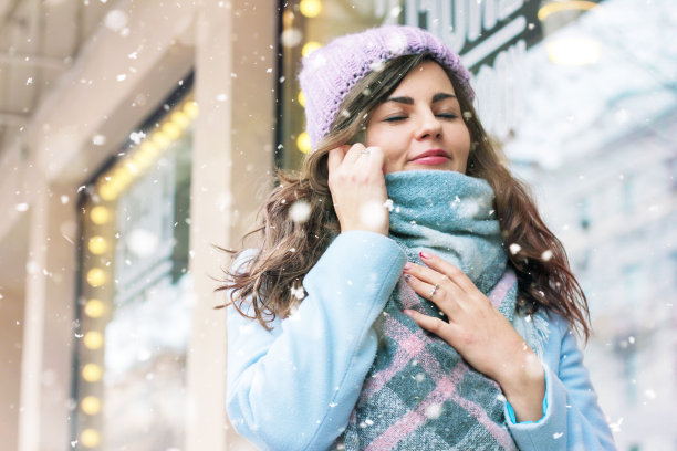 年轻漂亮的女人穿着大衣，戴着帽子，享受着第一场雪图片下载