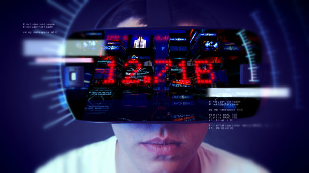 年轻人戴着VR头盔，观看与商业相关的图形。图片下载